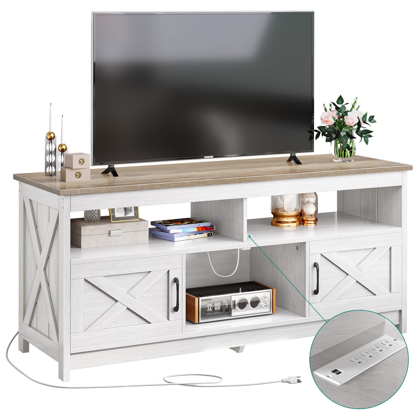 YITAHOME White TV Stand for 65 Inch Television Stand, Farmhouse Entertainment Center with Power Outlets and Open Shelf, Rustic Media Console TV Cabinet for Living Room, Grey White/Grey Wash