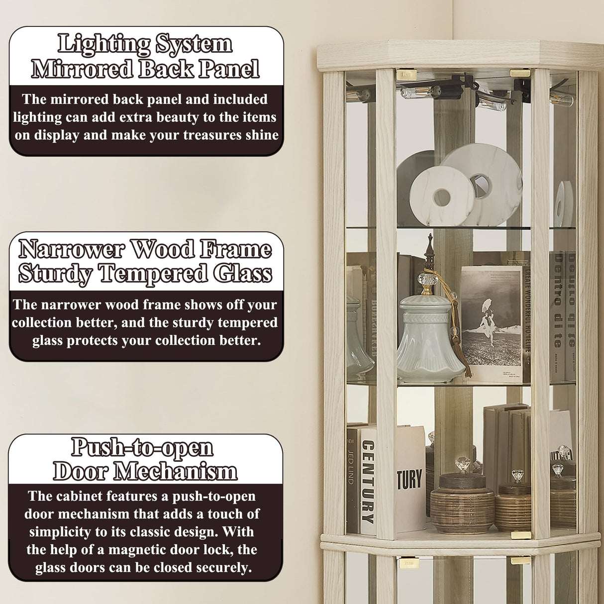 nifoti 69" H Lighted Curio Cabinet Corner Display Case,Corner Glass Cabinet with Tempered Glass Door and Adjustable Shelves,Wooden Corner Curio Cabinet with Mirrored Back Pane(Style 1 - Antique White) nifoti
