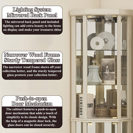 nifoti 69" H Lighted Curio Cabinet Corner Display Case,Corner Glass Cabinet with Tempered Glass Door and Adjustable Shelves,Wooden Corner Curio Cabinet with Mirrored Back Pane(Style 1 - Antique White) nifoti