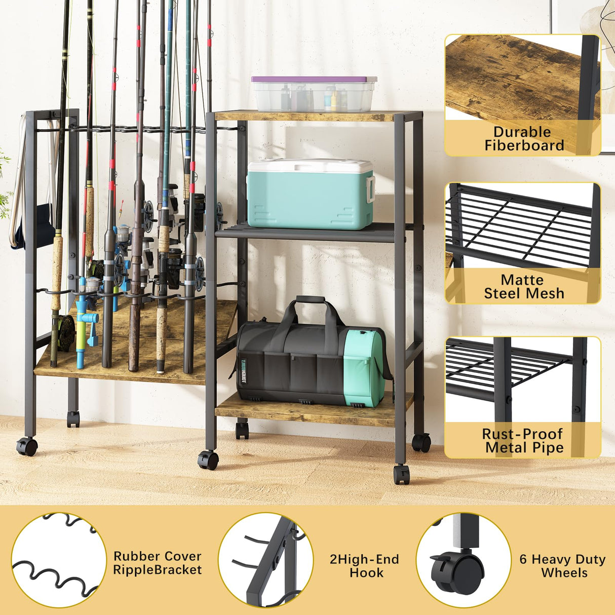 Azheruol Fishing Rod Rack Fishing Equipment Organizers With Wheels, Metal Fishing Gear Shelf Up To 12 Rods, Fishing Rod Holders Fishing Pole Storage Cart For Garage Home Entryway Corner Azheruol