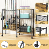 Azheruol Fishing Rod Rack Fishing Equipment Organizers With Wheels, Metal Fishing Gear Shelf Up To 12 Rods, Fishing Rod Holders Fishing Pole Storage Cart For Garage Home Entryway Corner Azheruol