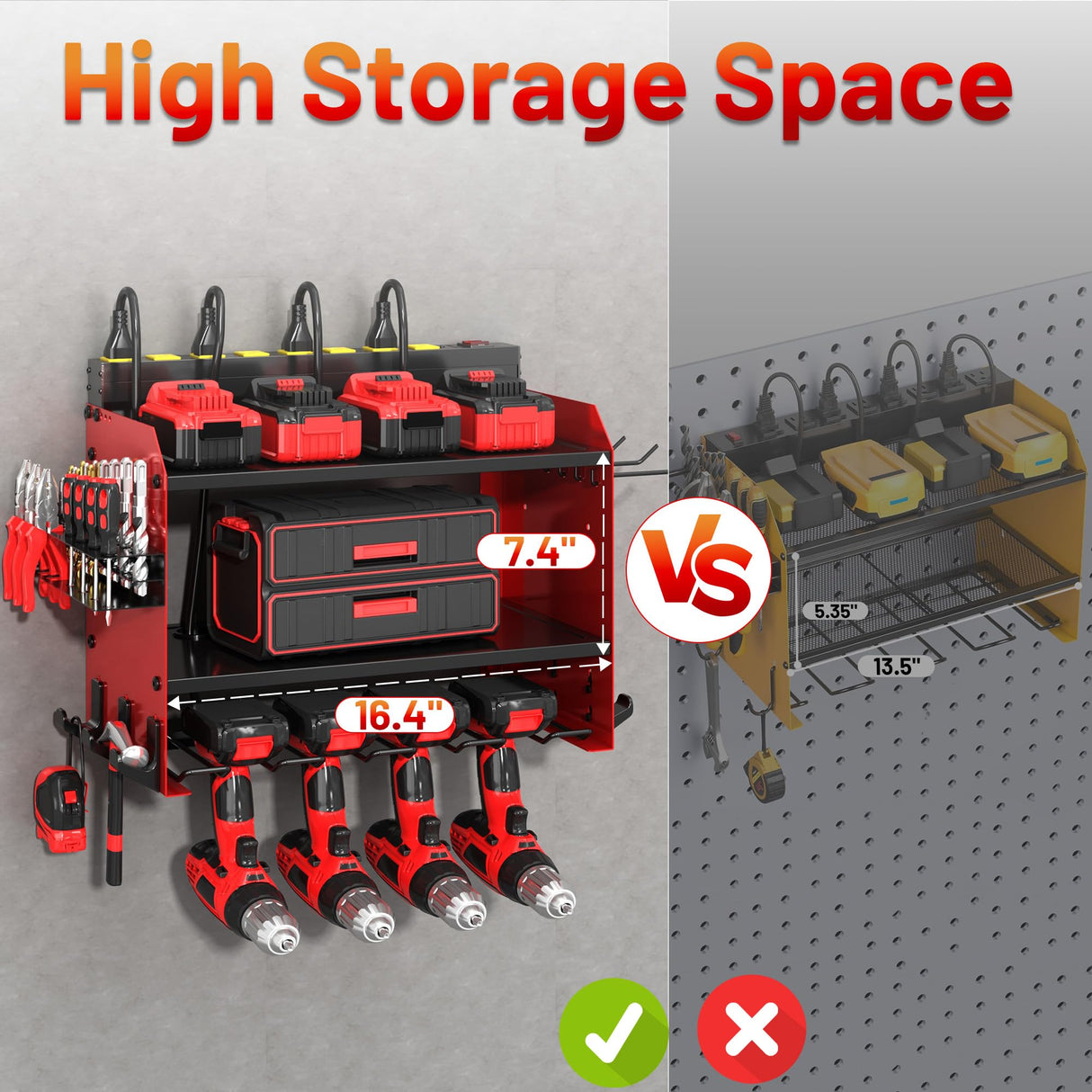 CFMASTER Power Tool Organizer Wall Mount wtih Charging Station,4 Drill Holder Wall Mount with 8 Outlet Power Strip,3 Layers Heavy Duty Tool Rack with Hooks,Screwdriver Organizer in Workbench,Garage CFMASTER