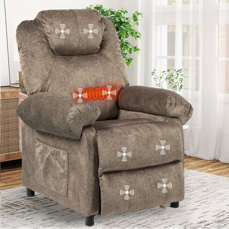 KCREAM Massage Recliner Chair with Heat,Overstuffed Fabric Recliner Chairs with Heating,Small Recliner for Living Room Bedroom, Manual Reclining Single Sofa Recliners Lounge Chair for Adult,Brown KCREAM