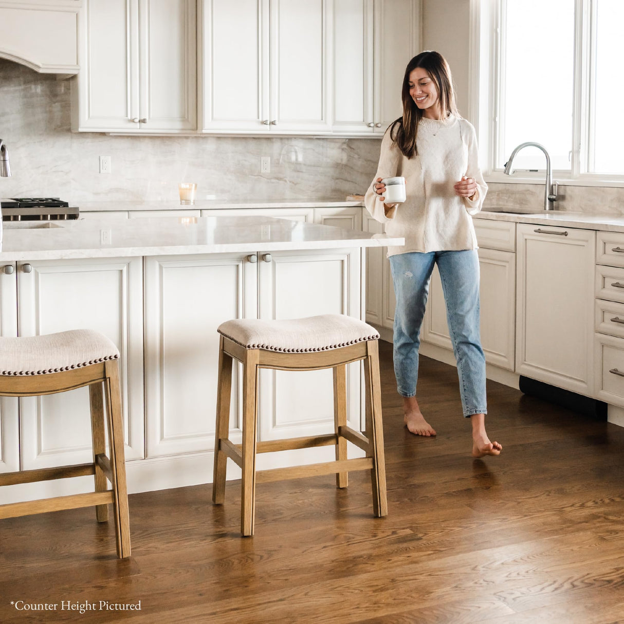 Maven Lane Adrien Backless Bar Stool – 31 Inch Saddle Seat with Footrest – Natural Solid Wood Frame & Natural Fabric Upholstery – Ideal for Bars, Pub Tables & Tall Kitchen Counters Maven Lane
