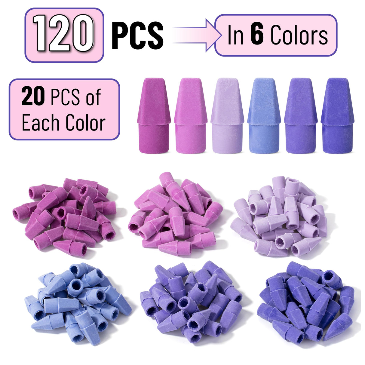 Mr. Pen- Pencil Top Erasers, 120 Pack, 6 Different Purple Shade Colors, Latex-Free & No Smudge Pencil Eraser Tops, Back to School Supplies Mr. Pen