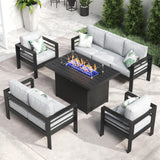 LayinSun Aluminum Furniture Set with Fire Pit Table, 5 Pieces Patio Sectional Conversation Chat Sofa Modern Seating Set LayinSun
