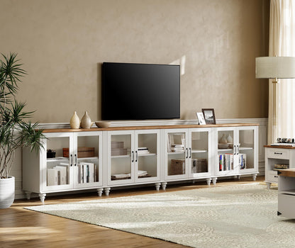 WAMPAT Large TV Stand for TVs up to 110 Inch, White Entertainment Center TV Console Table for 85/90/95/100 Inch TV with LED Light, Accent Buffet Cabinet with Glass Door for Dining Room & Living Room