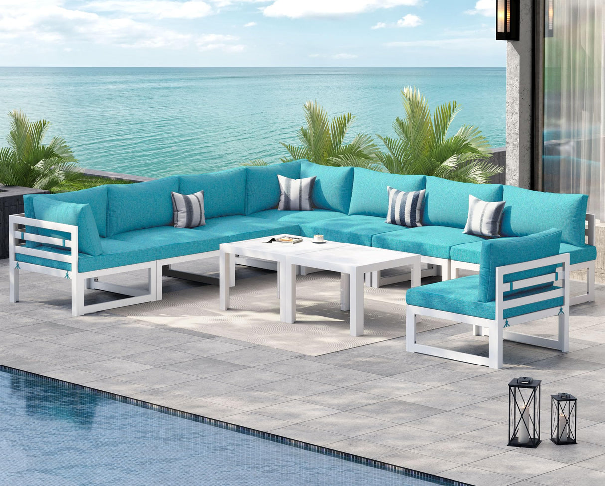 NICESOUL 10 Piece Oversized Modern Aluminum Patio Furniture Set, All Weather Rust Resistant Modular Sectional Sofa with Side Table, 500 lbs Heavy Duty Comfortable Outdoor Couch for Backyard Lawn, Teal NICESOUL