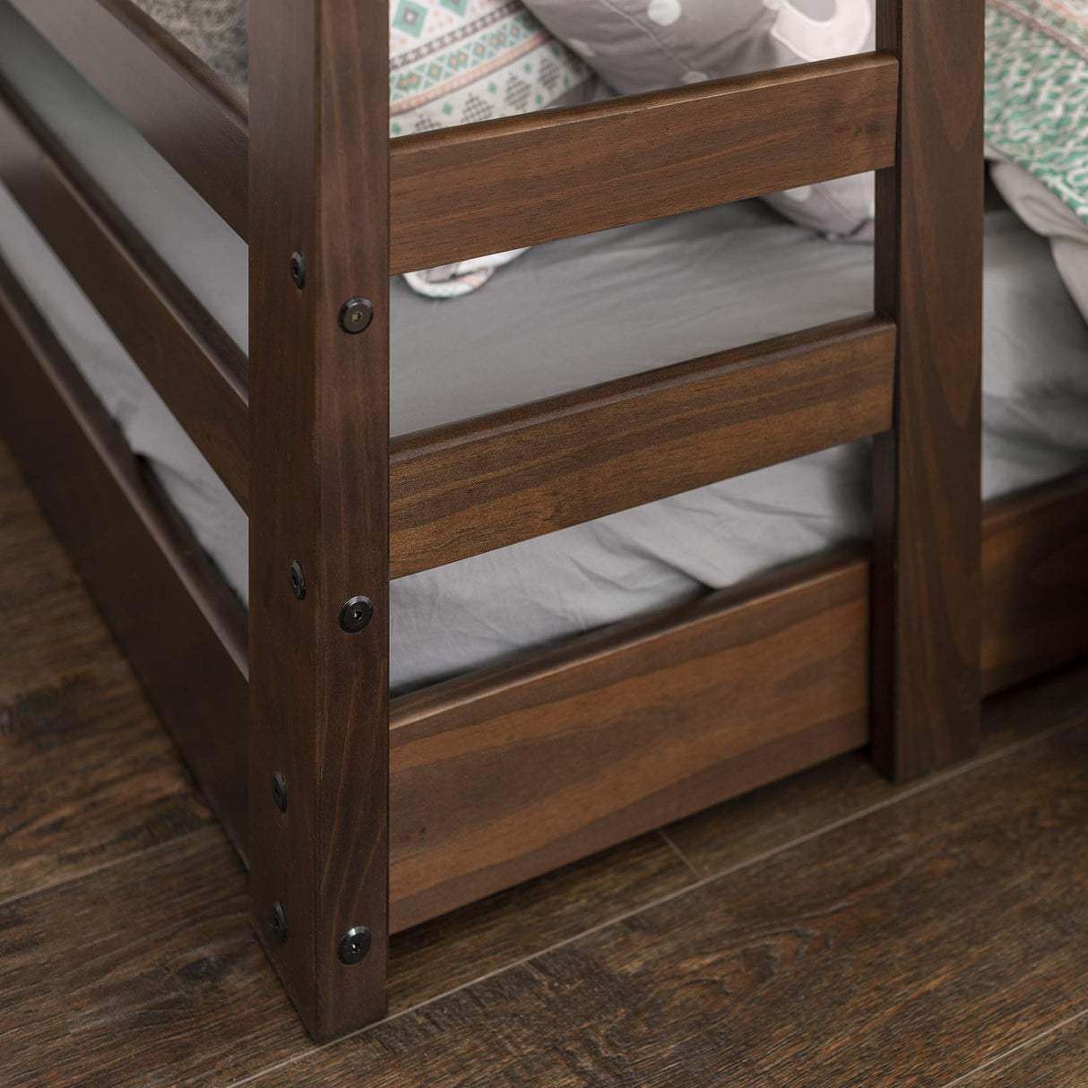 Walker Edison Walnut Solid Wood Twin over Twin Bunk Bed with Integrated Ladder and Guardrails Walker Edison