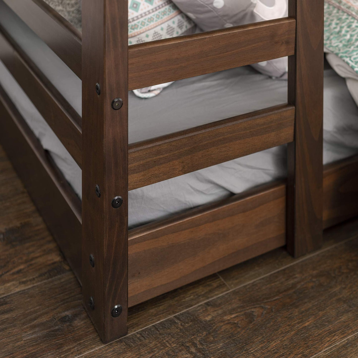 Walker Edison Walnut Solid Wood Twin over Twin Bunk Bed with Integrated Ladder and Guardrails - WoodArtSupply