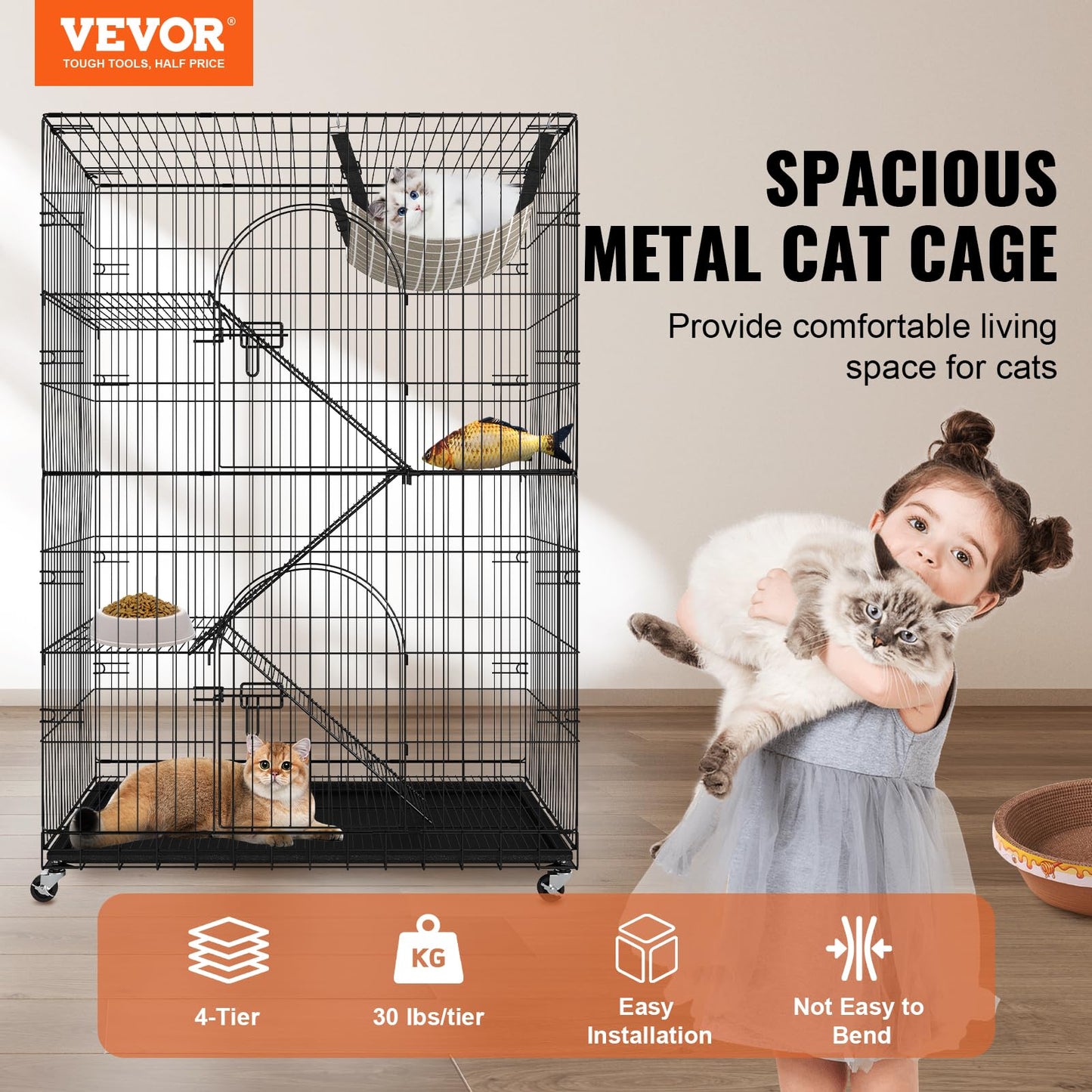 VEVOR Cat Cage Indoor Catio Cat Enclosure, Large Cat House on Rotating Wheels, 4-Tier Pet Playpen, Cat Crate Cat Kennel, 35.4" L x 23.6" W x 51" H