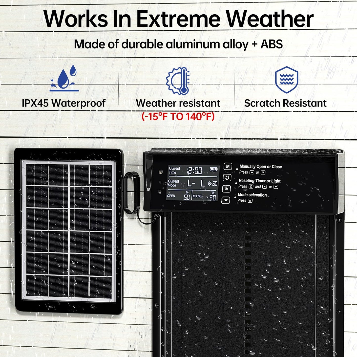 Solar Chicken Coop Door, Automatic Chicken Door Solar Powered & USB Charging, Auto Chicken Door 4 Modes with Timer & Light Sensor, Anti-pinch & Alert, Remote, LED Screen, Aluminum Waterproof Coop Door