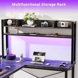 Unikito DIY U Shaped Computer Desk with Hutch, Reversible L Shaped Office Desk with Power Outlets and LED Strip, Customizable Large 98 Inch L Shape Gaming Corner Desk with Monitor Stand, Black Oak Unikito