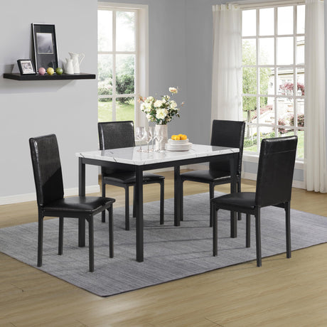 Roundhill Furniture 5 Piece Citico Metal Dinette Set with Laminated Faux Marble Top, White Table with Black Chairs Roundhill Furniture