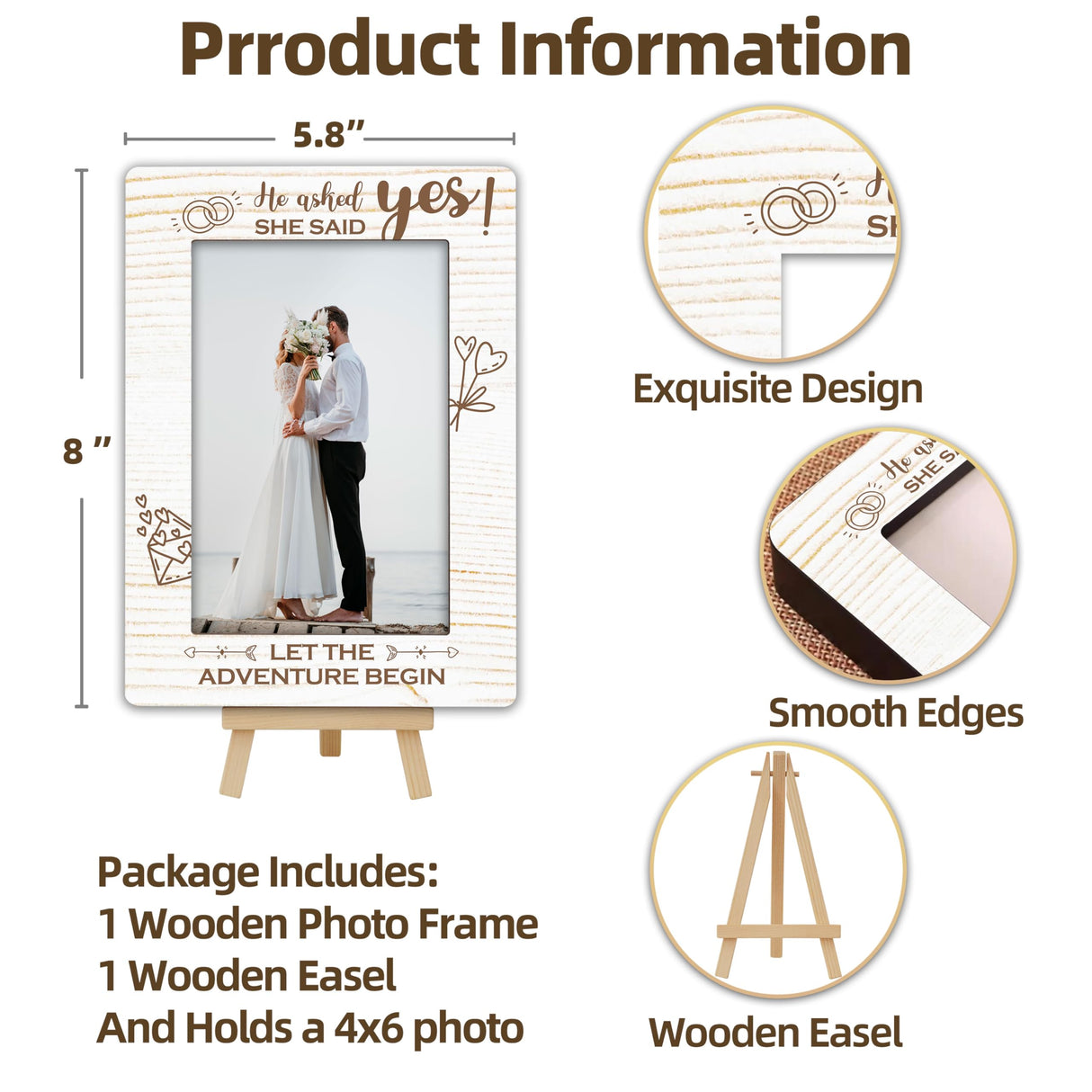 OXRUN Personalized Picture Frame, Wedding Gifts Wooden Photo Frame with Easel, 4x6 Picture Frame for Tabletop Display - He Asked, She Said Yes - A13 OXRUN