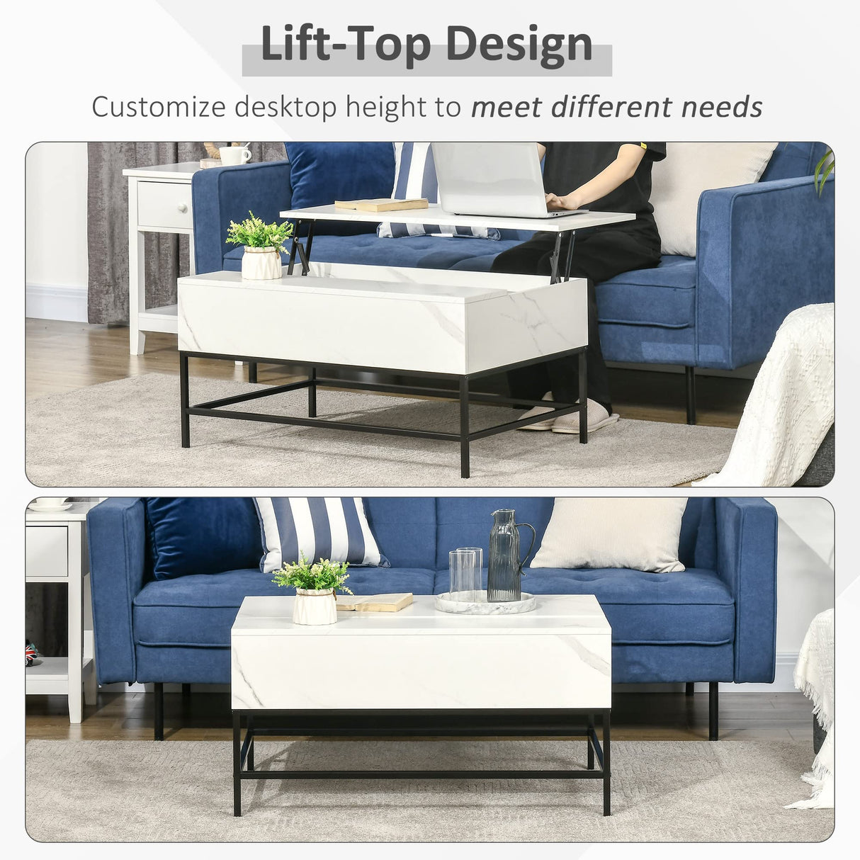 HOMCOM Modern Lift Top Coffee Table with Hidden Storage Compartment and Metal Legs, for Living Room, Home Office, White HOMCOM