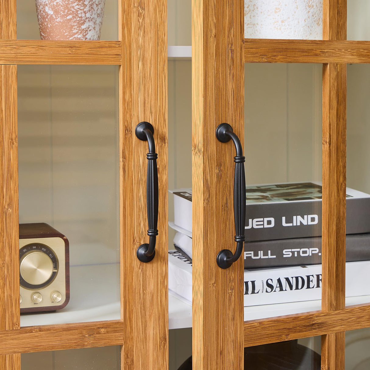 Polibi 71.2" Rustic Display Cabinet with Glass Doors - Curio China Cabinet for Collectibles, Books & Decor, Adjustable Shelves, Fits Living Room, Kitchen, Hallway or Office, White+Brown Polibi