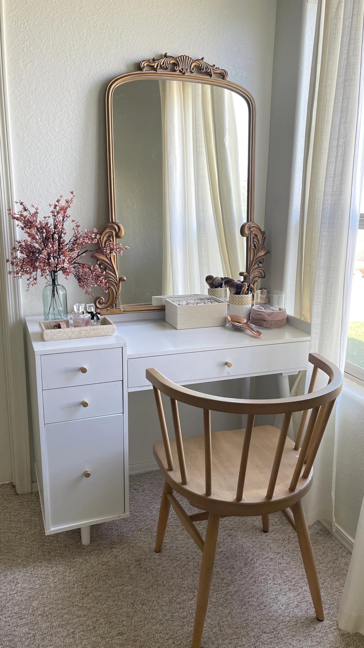 Nathan James Daisy Vanity Dressing Table or Makeup Desk with 4-Drawers and Brass Accent Knobs, White Wood Nathan James