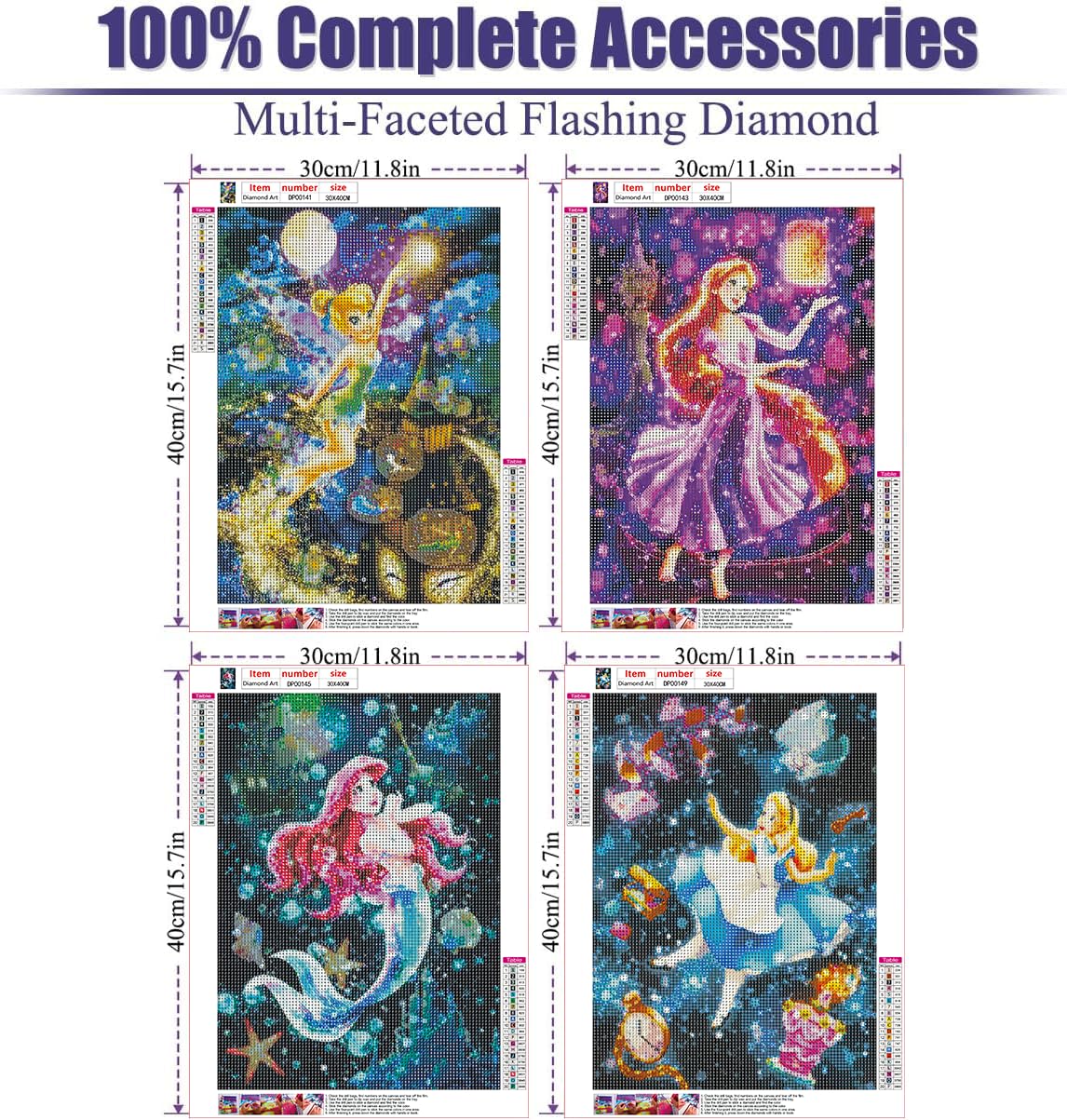 RYMILIE 4 Pack Diamond Painting Kits for Adults, 5D Princess Diamond Art for Beginners, Full Drill Gem Dots for Home Wall Decor 12x16inch RYMILIE