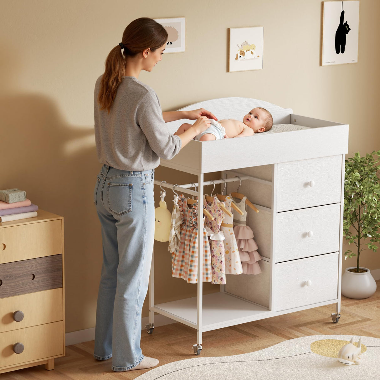 DTK Changing Table Dresser with Clothing Rack and Storage Shelf,3-Drawer Baby Dresser with Changing Table Top,Diaper Changing Station with Waterproof Pad,Mobile Dresser for Nursery,White DTK