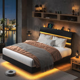 Feonase Floating Bed Frame Full with Led Lights and Charging Station, Wood Full Size Bed Frame with Storage Headboard, Heavy Duty Metal Slats, No Box Spring Needed, Easy Assembly, Noise-Free,Black Feonase