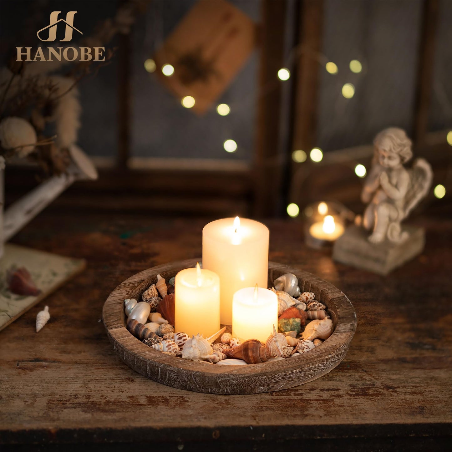 Hanobe Candle Plate Holder Tray: Round Wooden Decorative Candle Plate Small Farmhouse Table Centerpiece Rustic Wood Tealight Pillar Trays for Christmas Wedding Halloween Home Decor - WoodArtSupply