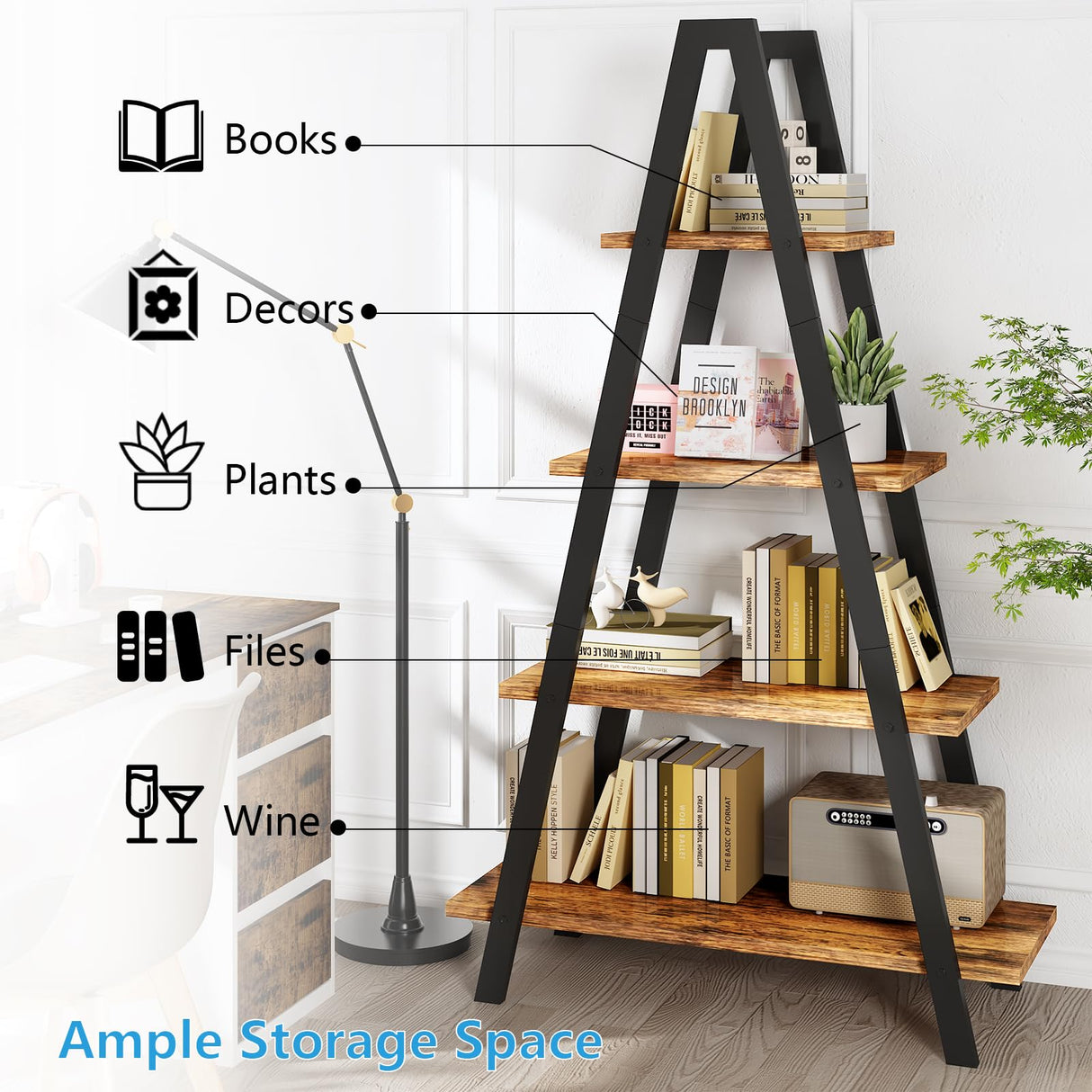4-Tier Industrial Bookshelf with Metal Frame by Recaceik - For Home Office and Living Room Recaceik