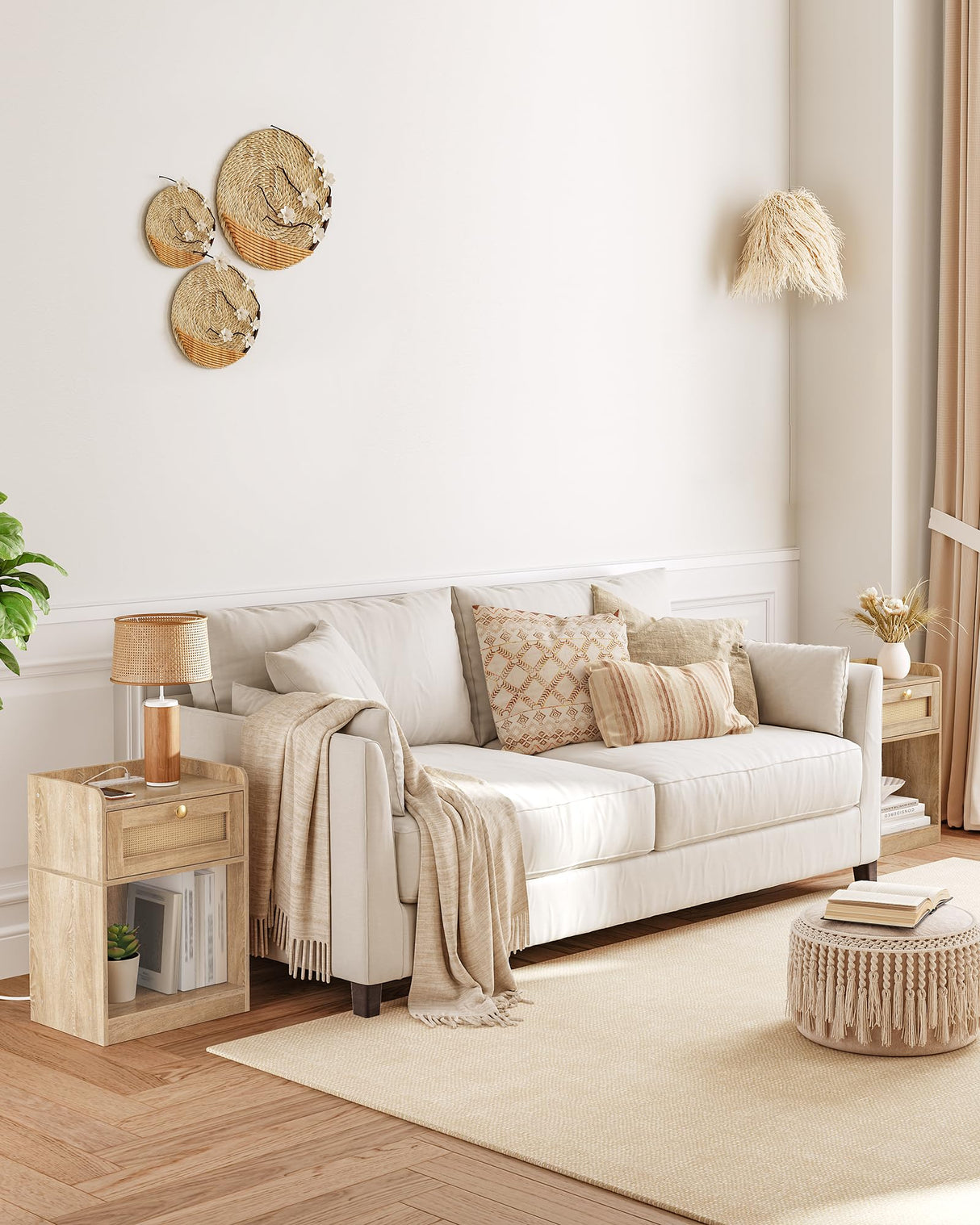 CHOEZON Nightstand with Charging Station, Side Table with Rattan-Style Drawer and Storage Shelf, Modern Rattan Night Stand with 2 USB Ports, Boho End Table Bedside Table for Bedroom, Natural MBZ01UWO CHOEZON