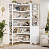 Keyluv 72" Tall Corner Bookshelf with Door, 6-Tier L Shaped Bookshelves and Bookcase with Storage Cabinet, 2 Pieces Individual Convertible Book Shelf, Display Shelf for Home Office Living Room, White Keyluv