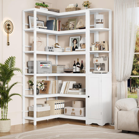Keyluv 72" Tall Corner Bookshelf with Door, 6-Tier L Shaped Bookshelves and Bookcase with Storage Cabinet, 2 Pieces Individual Convertible Book Shelf, Display Shelf for Home Office Living Room, White Keyluv