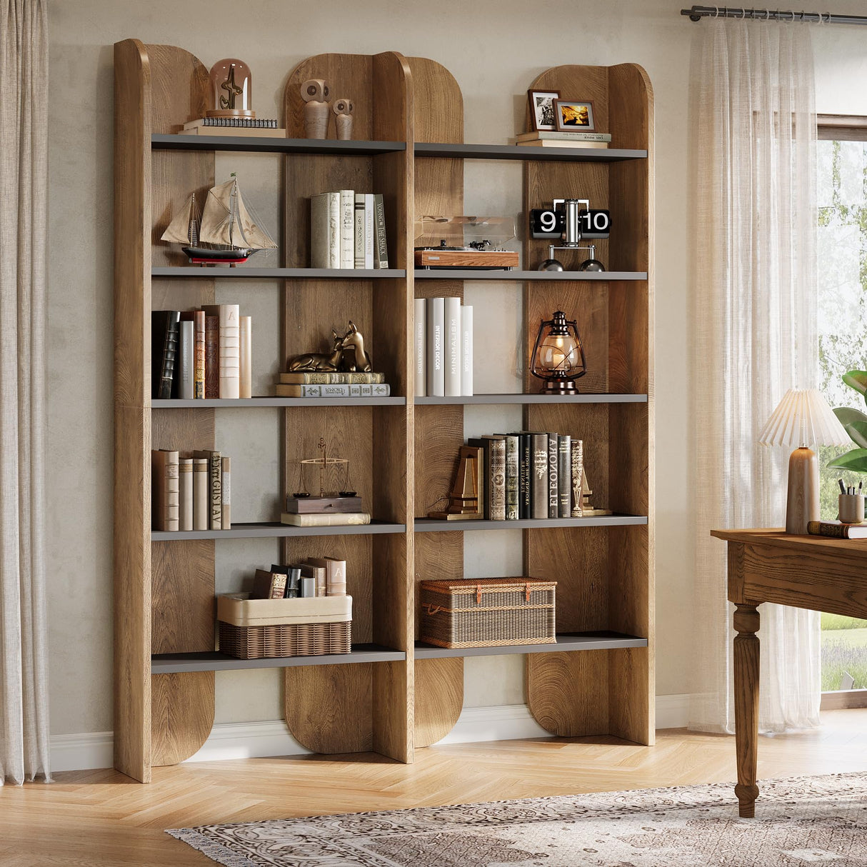 Tribesigns 70.87" Tall Farmhouse Bookshelf, 5-Tier Double Wide Bookcase with Open Shelves, Vintage Bookshelf for Living Room, Office, Study Room, Bedroom (1, Brown+Black) Tribesigns