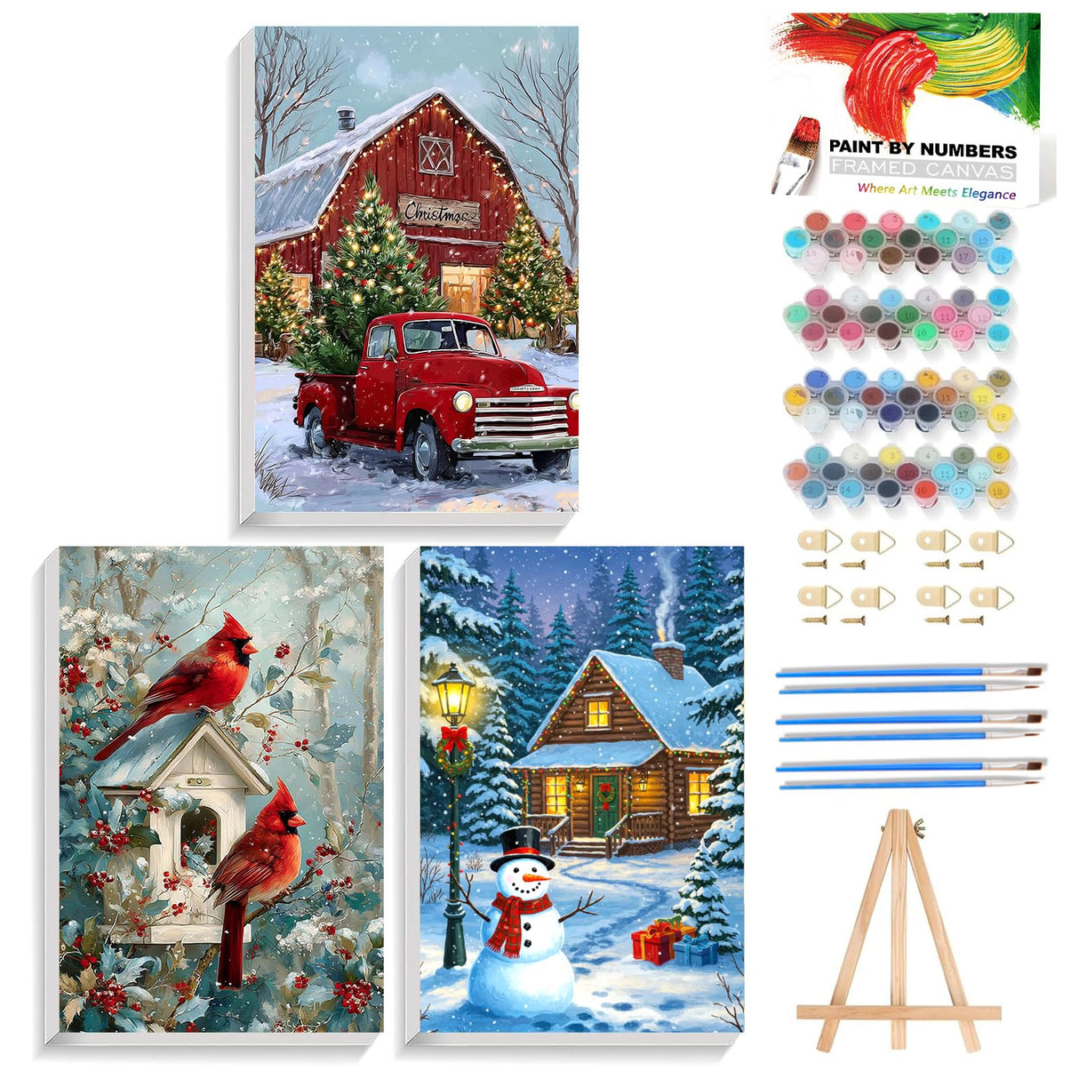 Reivworl 3 Pack Framed Paint by Numbers for Adults with Wooden Easel, Christmas Paint by Numbers Kit for Adults Beginner, Acrylic Painting by Number for Home Decor 8X12 Inch Reivworl