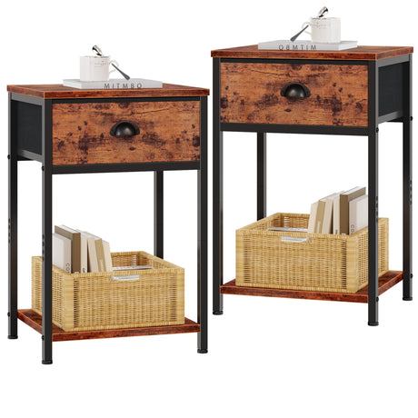 Furologee Nightstands Set of 2, Industrial End Table with Fabric Drawer and Storage Shelf, Retro Bedside Tables Organizer, Side Table for Living Room Bedroom, Rustic Brown Furologee