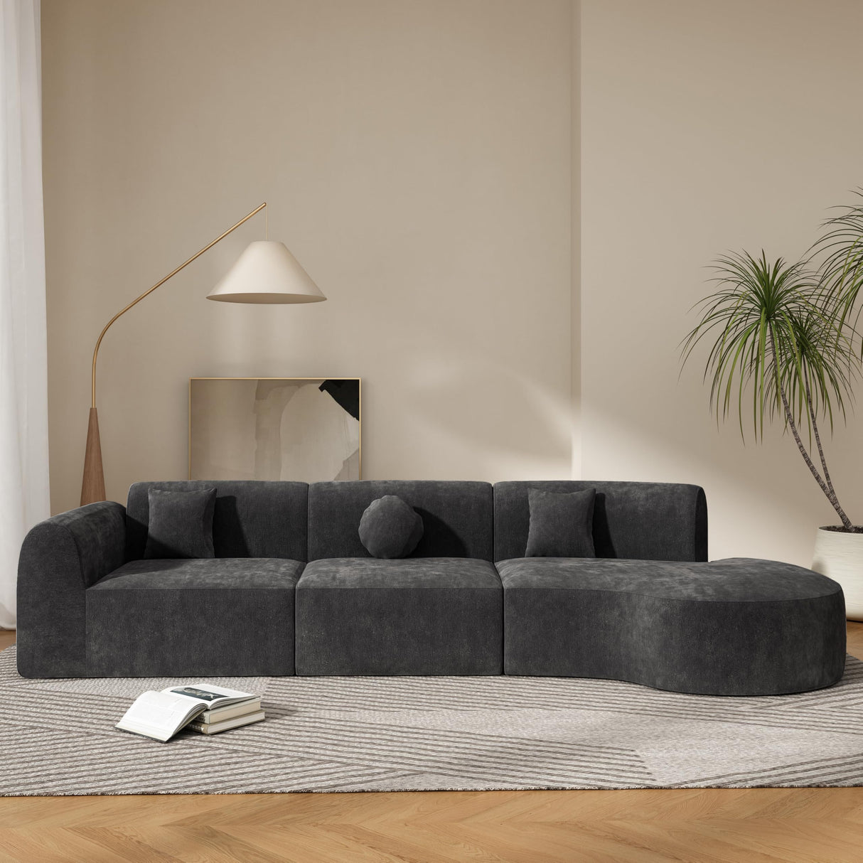 Christopher Knight Home Grelyn Modern Curved Modular Sectional Sofa, Wool Fabric Large Cloud Couch, 6-Seater L-Shaped Couch for Living Room, 3-Piece Lounge Sofa with Chaise, Fully Assembled, Dark Gray Christopher Knight Home