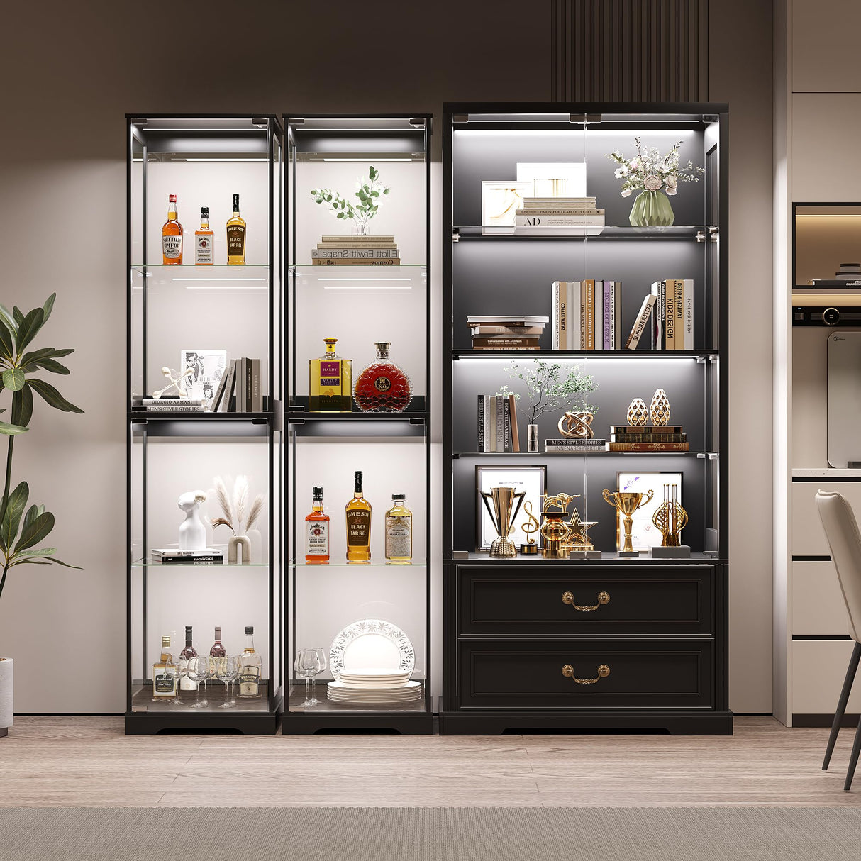 Glass Display Cabinet with Doors, 65" Tall 4-Tier Curio Display Case with 3 Color Lights and Human Body Sensor, Bookcase for Collectibles, Black TAGELIER