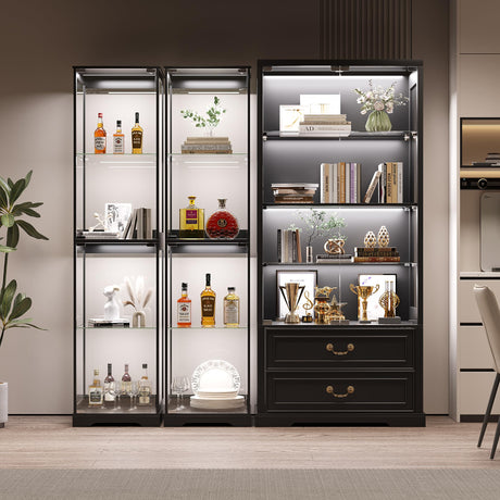 Glass Display Cabinet with Doors, 65" Tall 4-Tier Curio Display Case with 3 Color Lights and Human Body Sensor, Bookcase for Collectibles, Black WEQUB