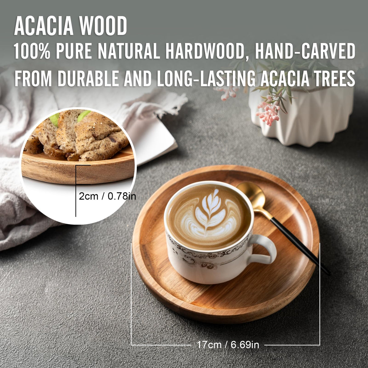 Kitchen Dinner Plate Set of 4, James.F 6.7” Small Round Acacia Wooden Serving Tray and Plates for Coffee, Tea, Snacks, Deserts, Appetizer, Wood Candle Holder Tray Home Decor, Table Centerpieces JF JAMES.F