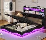 BTHFST Bed Frame Twin Size with Lift Up Storage, Power Outlet & RGB Lights, Upholastered Storage Headboard, Twin Boys Bed with Heavy Duty Steel Slats, No Box Spring Needed, PU Black BTHFST