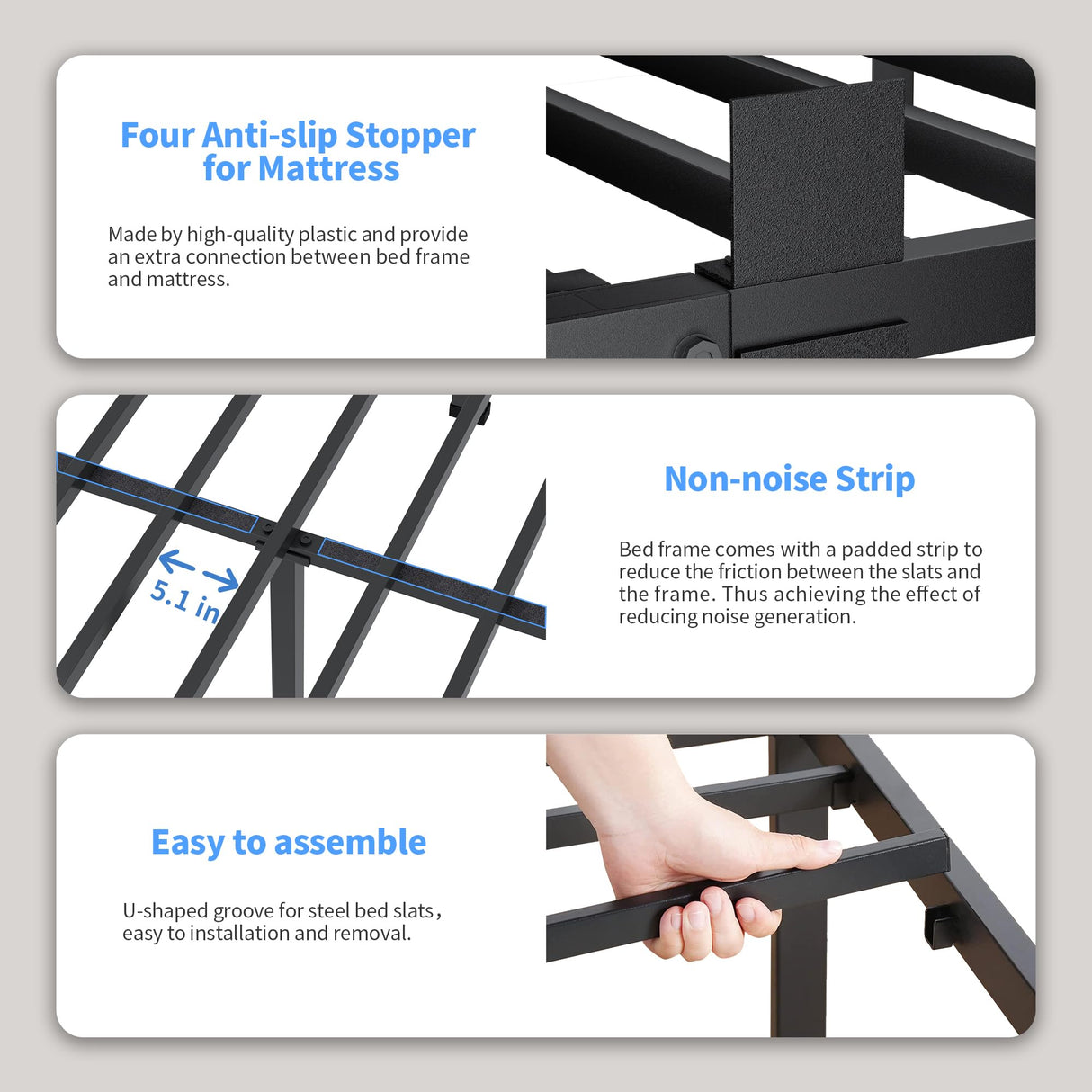 ROIL 18 Inch Queen Bed Frame with Rounded Corner and Headboard Hole Mattress Retainers 3500LBS Metal Heavy Duty Steel Slats No Box Spring Needed Platform Noise-Free Easy Assembly ROIL