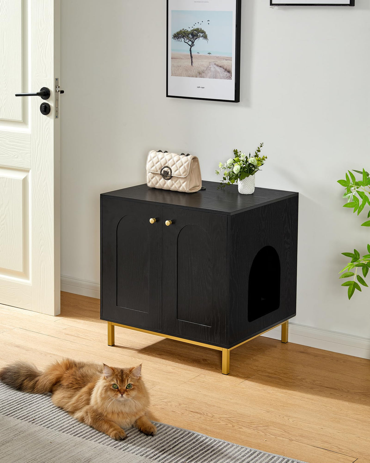 Hzuaneri Cat Litter Box Enclosure, Hidden Litter Box Furniture, Wooden Pet House Side End Table, Storage Cabinet Bench, Fit Most Cat and Litter Box, Living Room, Bedroom, Black and Gold CB81204G Hzuaneri
