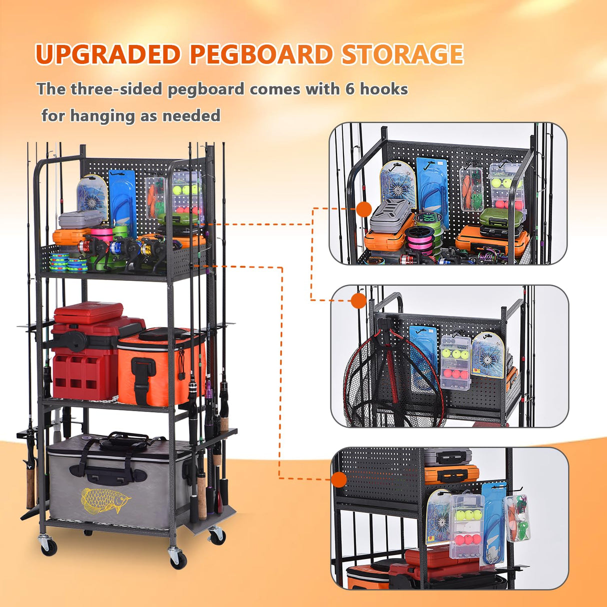 Lezbanz Heavy Duty Fishing Rod Rack with Pegboard & Hooks, Fishing Organizer for Garage Holds Up to 10 Rods, 3-Tier Fishing Gear Holder for Garage with Movable Wheels Lezbanz