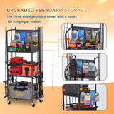 Lezbanz Heavy Duty Fishing Rod Rack with Pegboard & Hooks, Fishing Organizer for Garage Holds Up to 10 Rods, 3-Tier Fishing Gear Holder for Garage with Movable Wheels Lezbanz