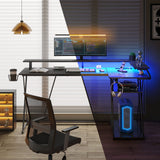 SEVEN WARRIOR L Shaped Gaming Desk with LED Lights & Power Outlets, 55” Reversible Corner Desk with Storage Shelf, Computer Desk with Monitor Stand, Gaming Table with Cup Holder, with Hooks, Black SEVEN WARRIOR