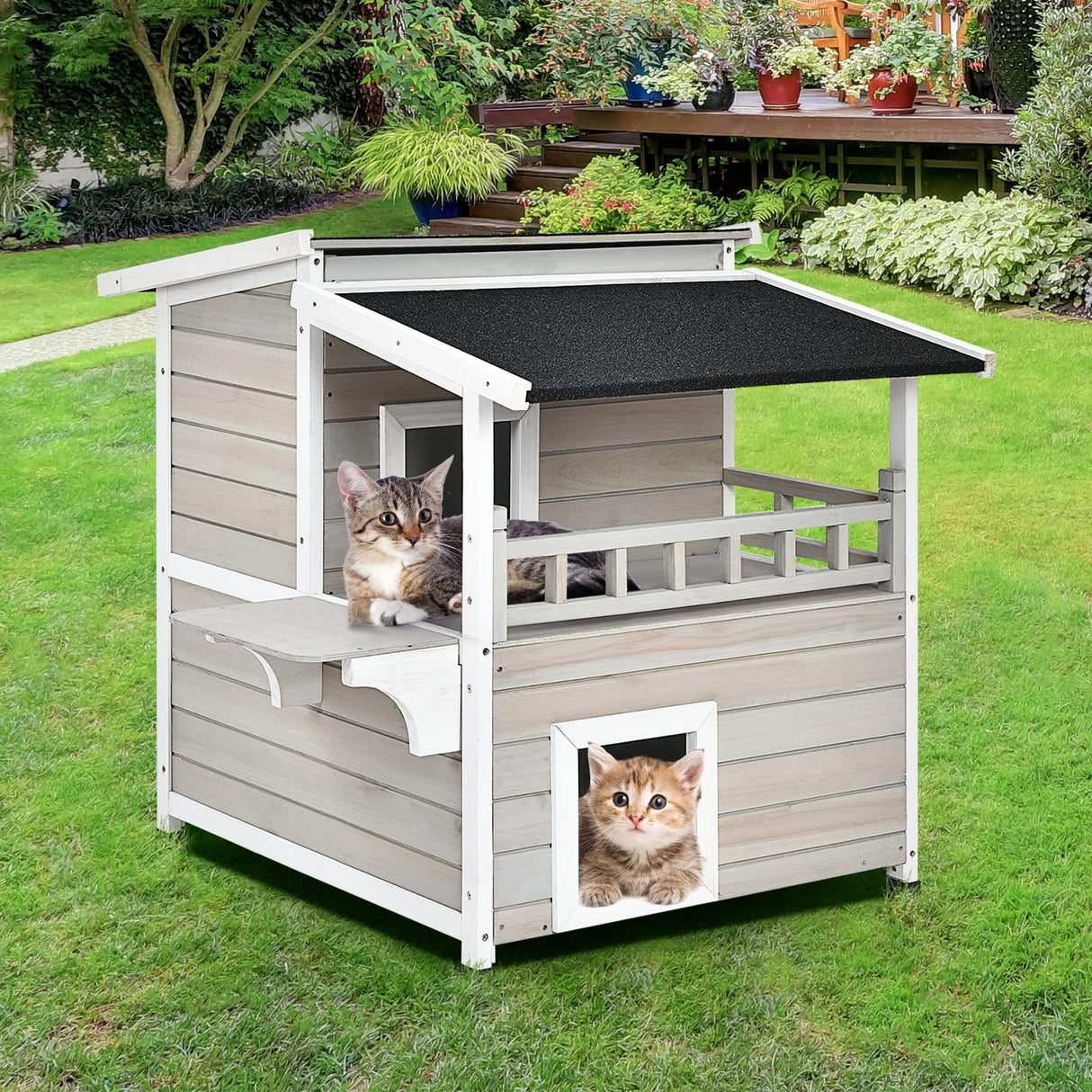 Tangkula Outdoor Cat House Wooden, 2-Story Outside Cat Shelter Condo Enclosure with Escape Door, Asphalt Roof, Balcony, Jumping Platform, Weatherproof Tangkula
