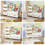 KIDINIX 3 Tier Kids Bookshelf and Toy Storage - Sling Book Shelf with Toy Organizer, Montessori Toddler Bookcase with 6 Toy Bins, for Playroom, Children Room, Nursery, Classroom, White KIDINIX