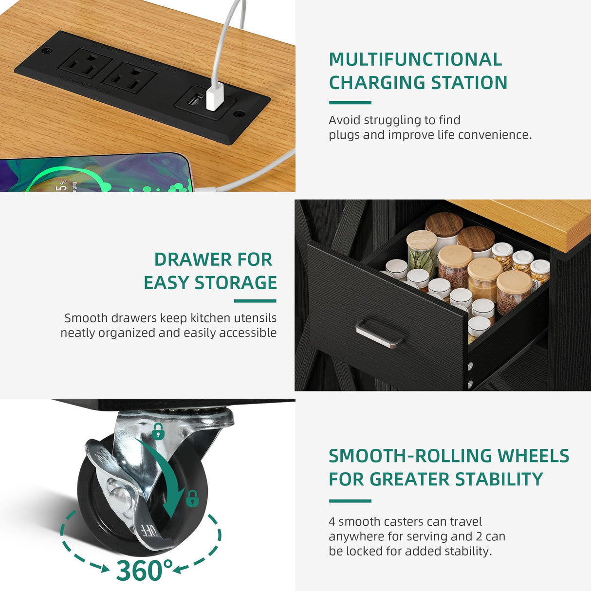 YITAHOME Bakers Rack with Power Outlet and LED Light, 53 Inch Microwave Stand with Storage Cabinet Thickened Counter, Farmhouse Coffee Bar Cabinet on Wheels Tall Shelf for Spices, Cups, Pots, Black YITAHOME