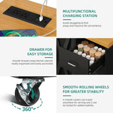 YITAHOME Bakers Rack with Power Outlet and LED Light, 53 Inch Microwave Stand with Storage Cabinet Thickened Counter, Farmhouse Coffee Bar Cabinet on Wheels Tall Shelf for Spices, Cups, Pots, Black YITAHOME