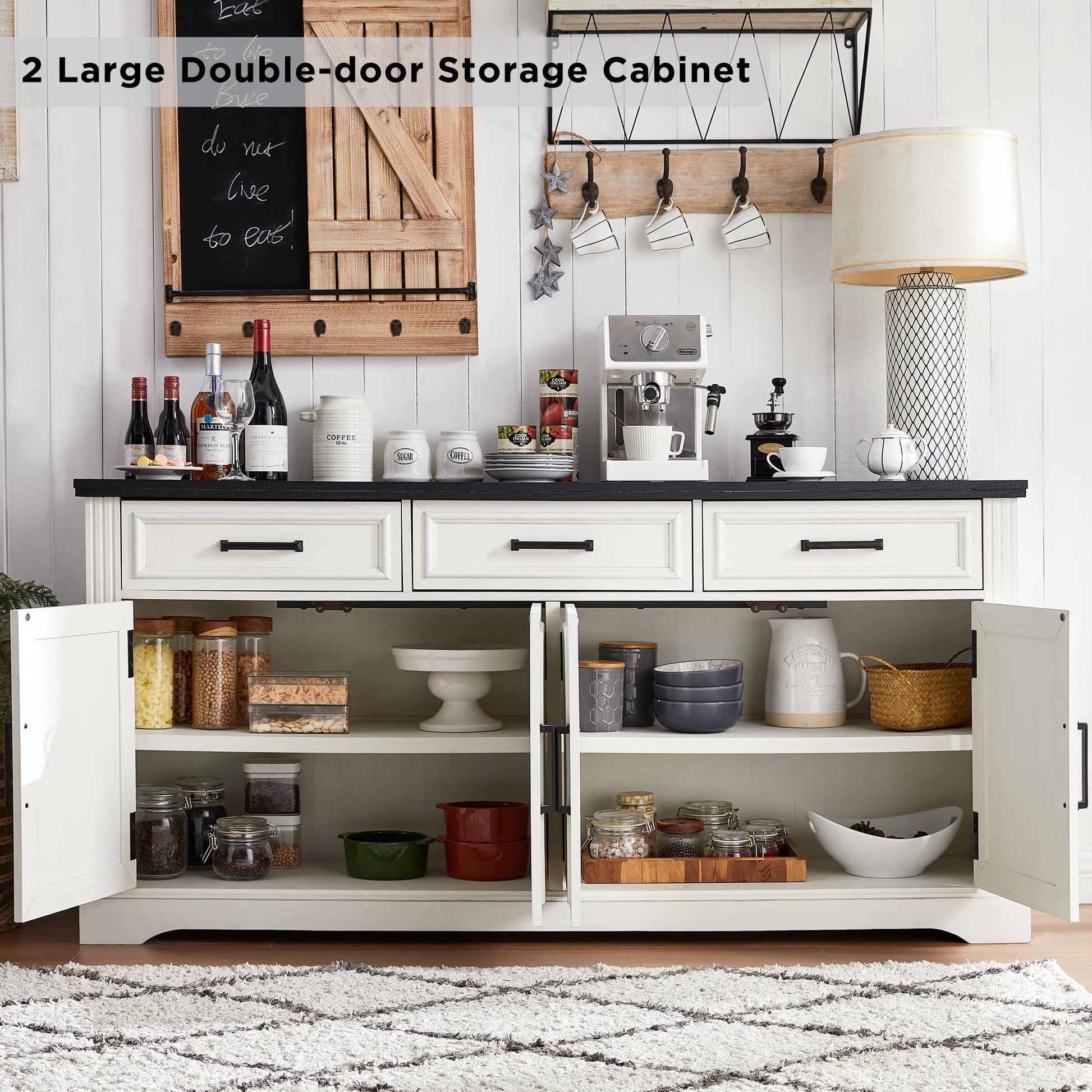 JXQTLINGMU 66" Large Buffet Sideboard Cabinet with 4 Doors and 3 Drawers, Buffet Table Coffee Bar Wine Bar Storage Cabinet for Dining Room, Living Room (Off White) - WoodArtSupply