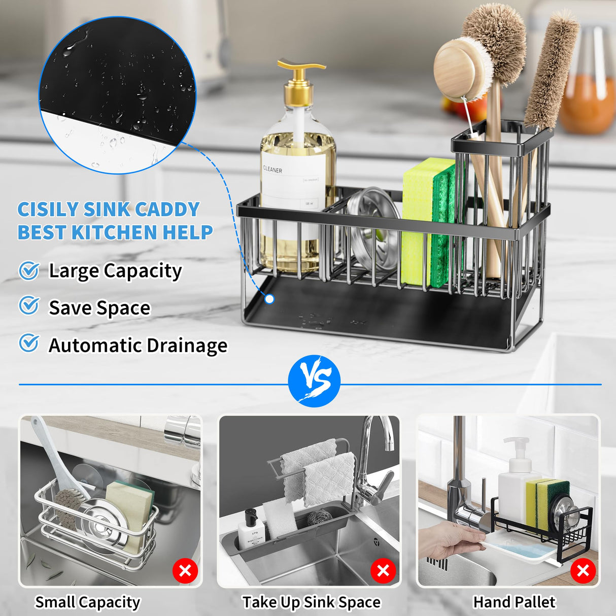 Cisily Sink Caddy, Sponge Holder for Kitchen Sink, Kitchen Sink Organzier with High Brush Holder, Rustproof Stainless Kitchen Gadgets Sink Accessories, Organizadores de Cocina, Patent 1038566S Cisily