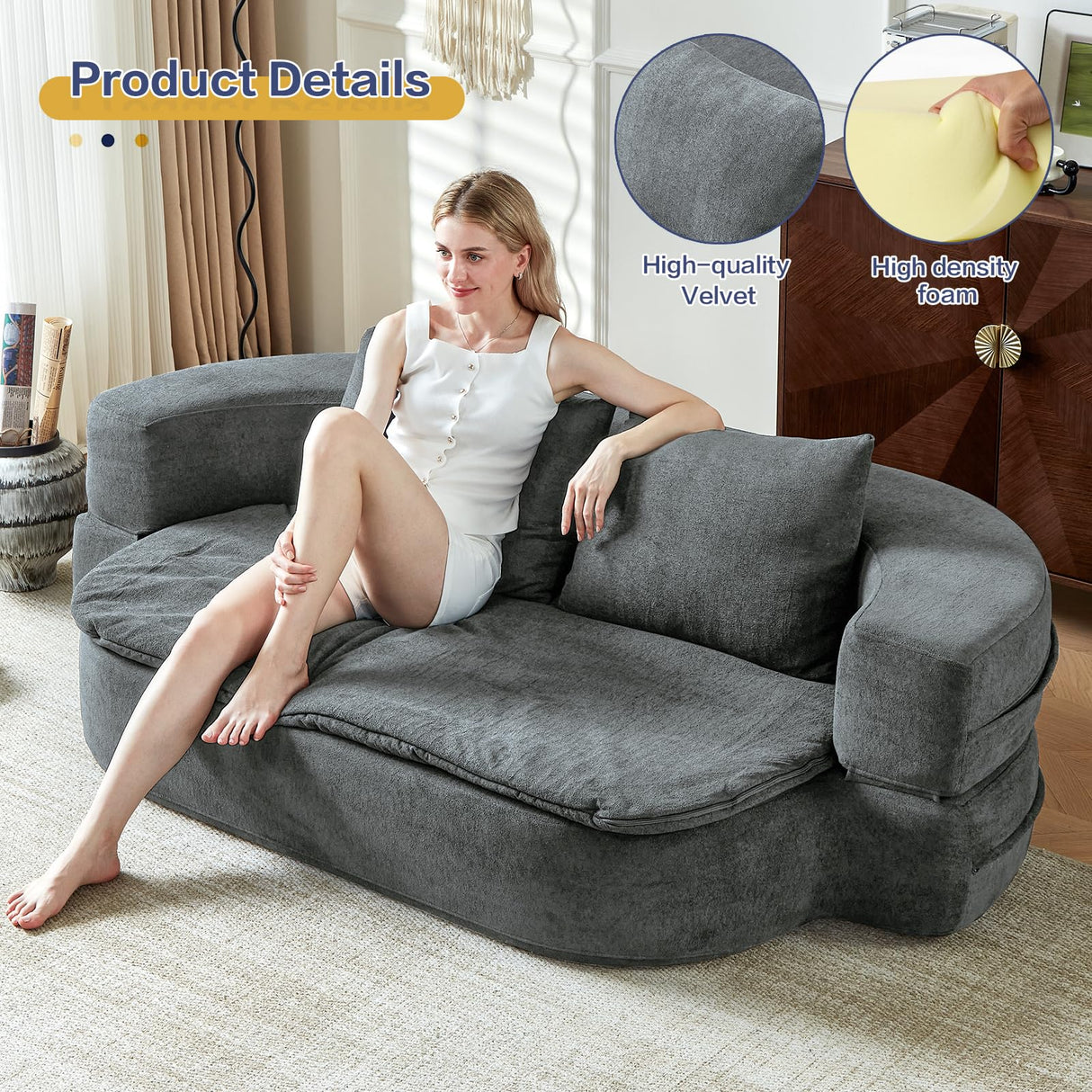 79" Convertible Sleeper Sofa Bed, Flodable Futon Chair Bed with Pillow & Blanket, Grey Boneless Sofa in Box, Lazy Floor Lounger Couches for Living Room, Compressed Couch in a Box, Velvet Fabric UKMTUET